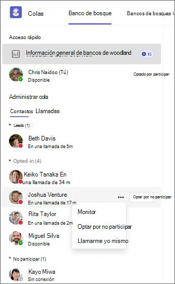 Sistema de administración de colas que muestra los estados del agente y opciones para supervisar, rechazar o llamar.