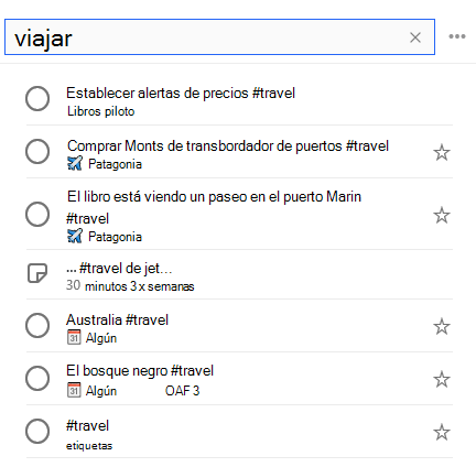 #travel se ha introducido en la barra de búsqueda y debajo aparece una lista de todas las tareas con la etiqueta #travel