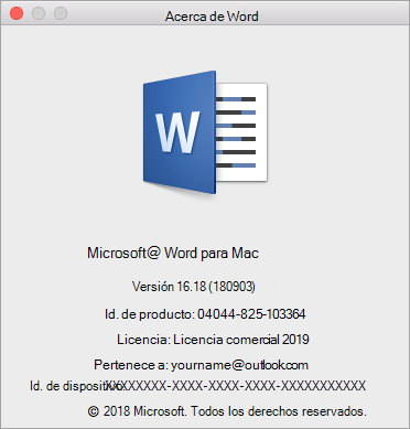 Cuadro de diálogo Acerca de Word
