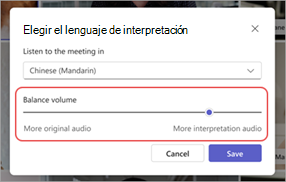 Captura de pantalla del control de volumen de equilibrio de idioma de interpretación en Microsoft Teams