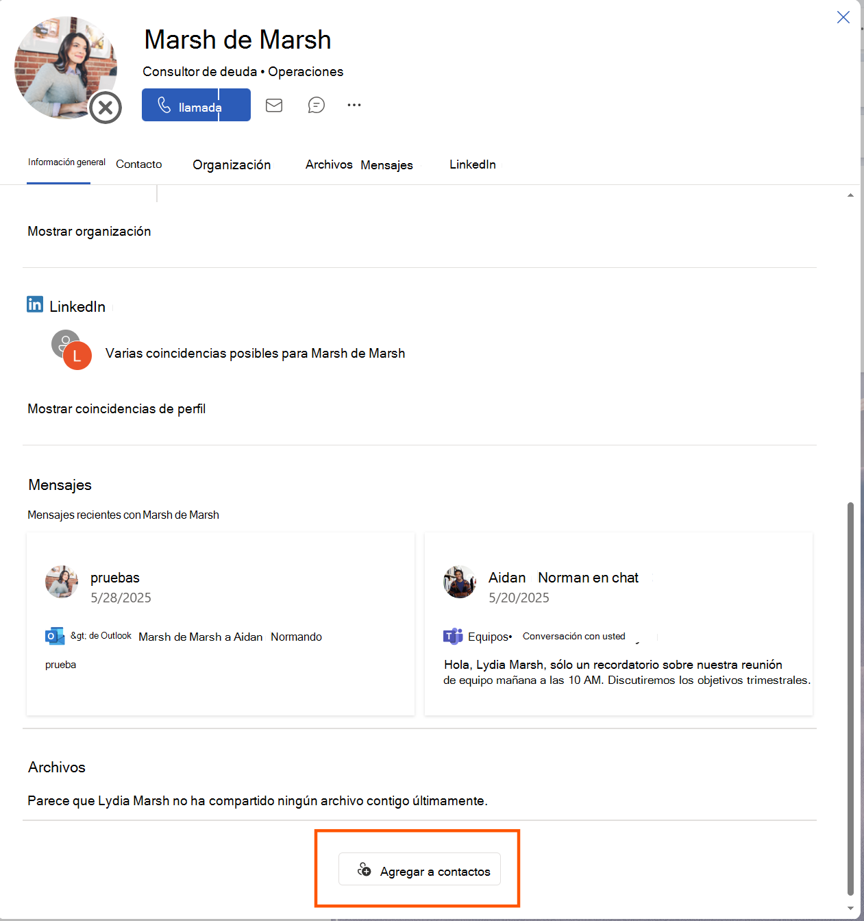 Una tarjeta de perfil con información de contacto de ejemplo, con un resaltado en "Agregar a contactos" en la parte inferior de la tarjeta.