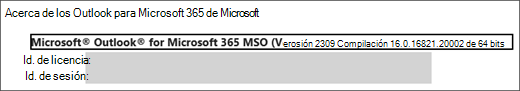 Captura de pantalla que muestra el nombre del producto, la versión que estás ejecutando y si es 32 o 64 bits.