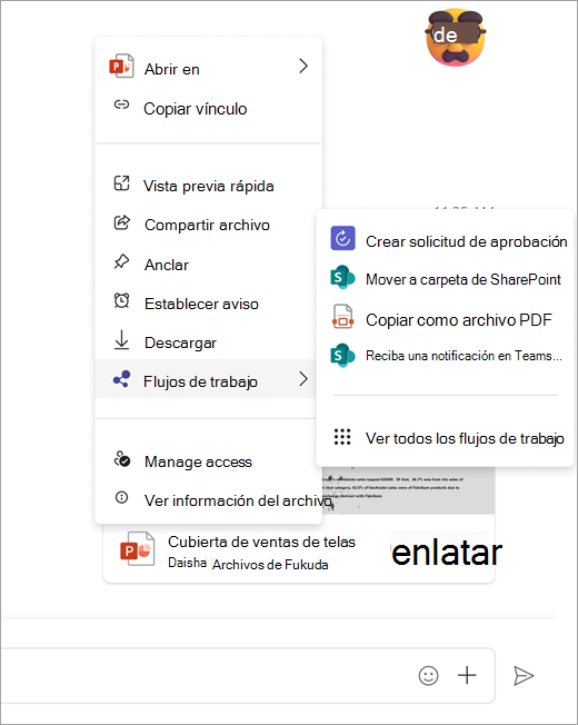 Captura de pantalla que muestra el menú de flujo de trabajo abierto desde un archivo compartido