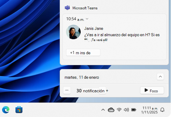 Captura de pantalla de la opción de foco en el área de notificación.