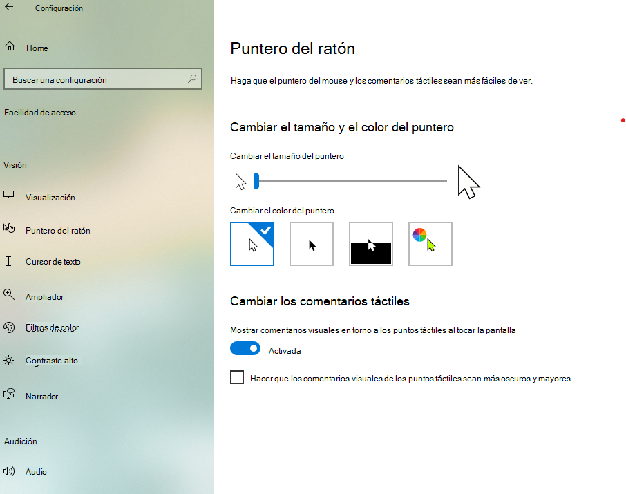 Cambiar el tamaño y el color del puntero en Windows 10 aplicación Configuración