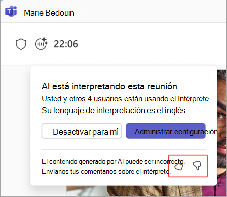 Captura de pantalla que resalta los botones de comentarios del intérprete.