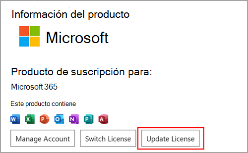 Localización del botón Actualizar licencia en Microsoft Word en Windows.