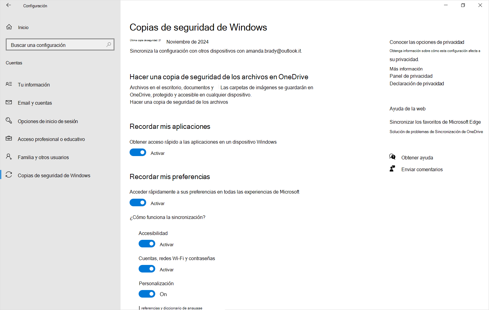 Captura de pantalla de la copia de seguridad de Windows de Configuración en Windows 10.