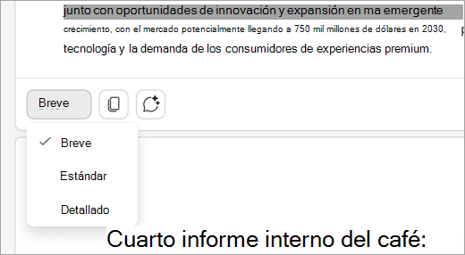 Muestra una Word para el documento web abierto, con el resumen expandido en la parte superior. Un menú que dice "Breve" se expande en la parte inferior del resumen y otras opciones incluyen "Standard" y "Detallado".