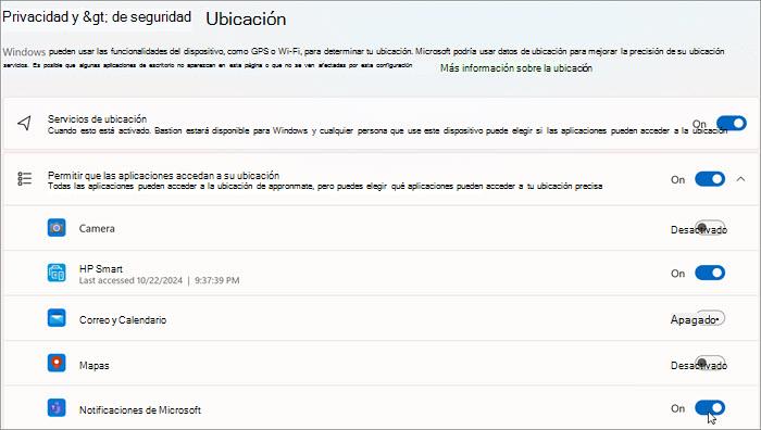 Pantalla de configuración de ubicación de Windows con los botones de alternancia de Servicios de ubicación y acceso a aplicaciones, como Cámara, HP Smart, Correo y Calendario, Mapas y Microsoft Teams.