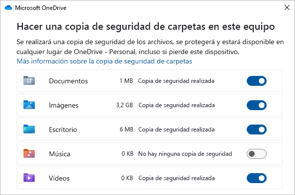 Captura de pantalla que muestra el cuadro de diálogo de selección para realizar copias de seguridad de carpetas de OneDrive