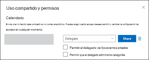Ventana de permisos y uso compartido de la administración de categorías de delegados