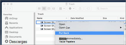 Menú contextual para recuperar un archivo de la Papelera en un equipo Mac