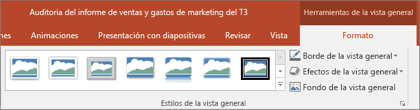 Se muestran diferentes estilos y efectos de la vista general entre los que puede elegir en la pestaña Formato de PowerPoint.