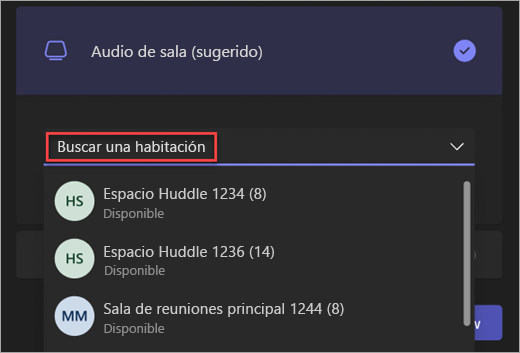 Captura de pantalla de la barra de búsqueda de la opción de audio de sala en la pantalla de unirse previamente a la reunión de Teams.