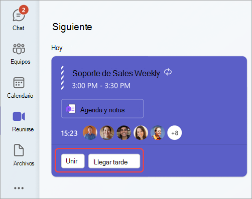 Captura de pantalla que resalta las acciones Unirse y Ejecutar con retraso en Teams