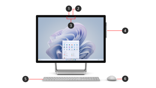 Muestra las características de la parte frontal de Surface Studio 2+.
