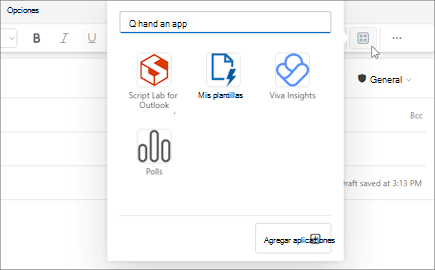 El menú flotante Aplicaciones de la cinta de opciones de un mensaje que se redacta en Outlook en la Web y en el nuevo Outlook para Windows.