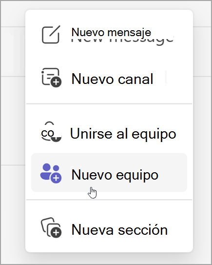Captura de pantalla de la opción para crear un equipo nuevo. Se muestra después de seleccionar la opción de nuevos elementos.