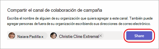 Captura de pantalla que muestra cómo compartir un canal con personas internas y externas