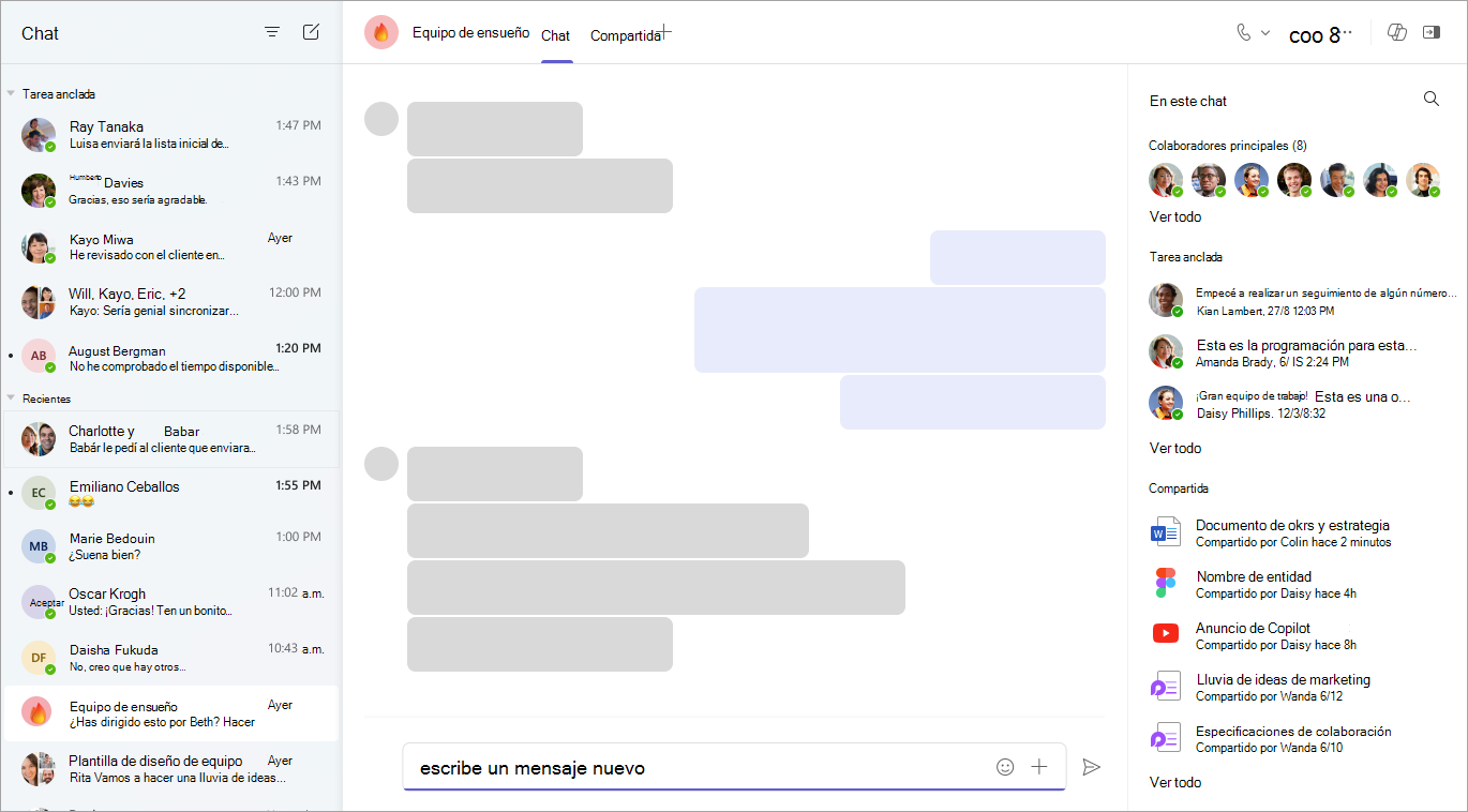 Una captura de pantalla de la aplicación de chat muestra los mensajes recientes, los colaboradores principales, los mensajes anclados, los archivos compartidos y un cuadro de entrada de texto con un botón enviar.