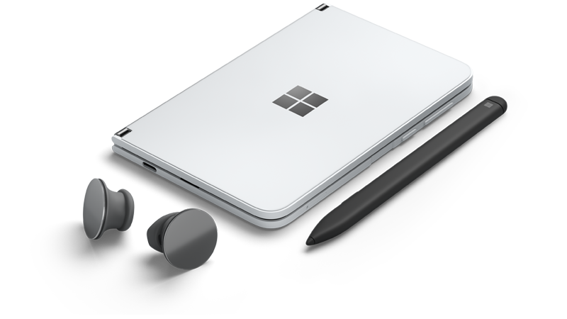 Surface Duo con Surface Earbuds y Surface Slim Pen