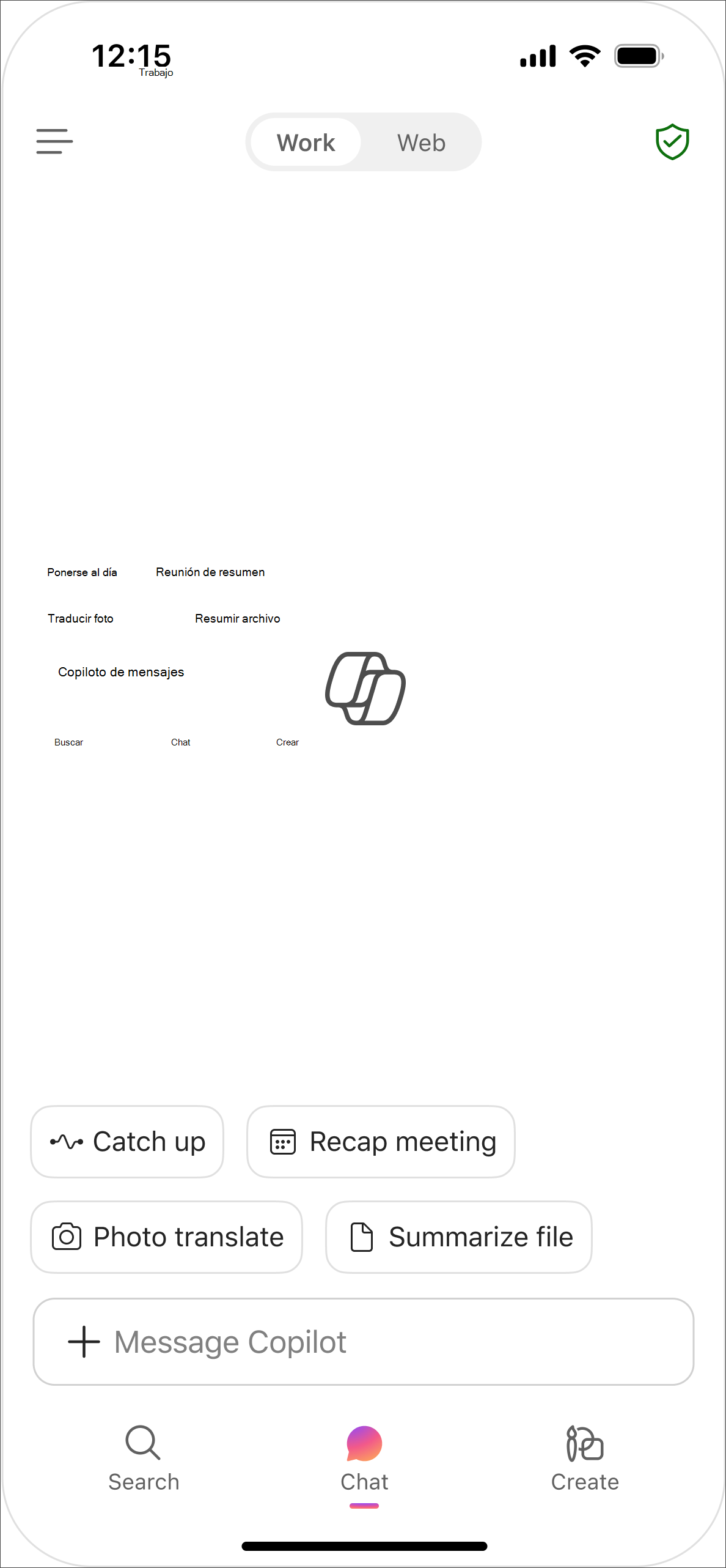 Botón de alternancia Web y trabajo en la pantalla Chat para aplicación móvil Copilot