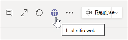 Captura de pantalla del cursor que apunta al icono de globo terráqueo y al texto de información sobre herramientas Ir al sitio web