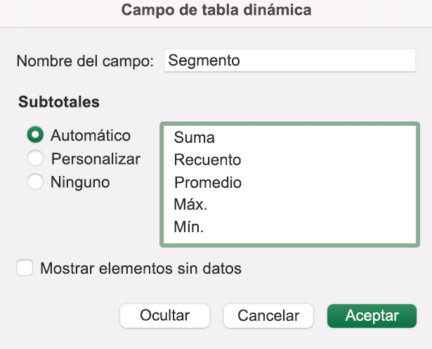 Agregar un campo de tabla dinámica