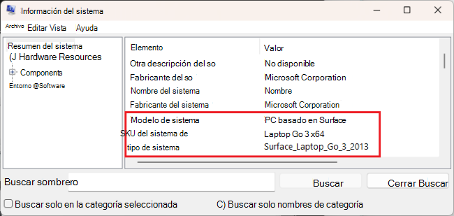 Muestra la información del modelo del sistema en el panel de la derecha.