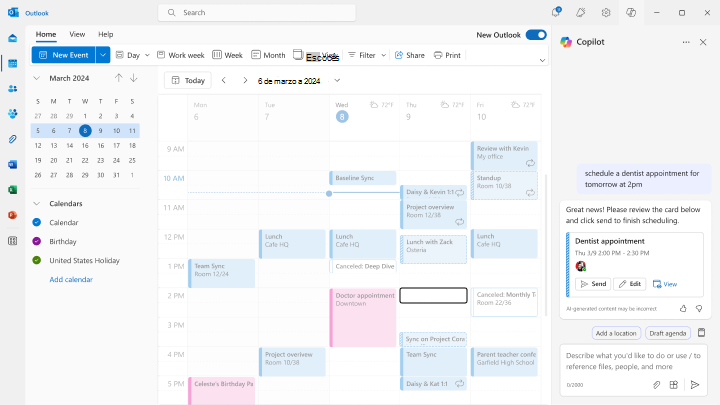 Captura de pantalla de cómo reservar citas con programación asistida por chat en Outlook.