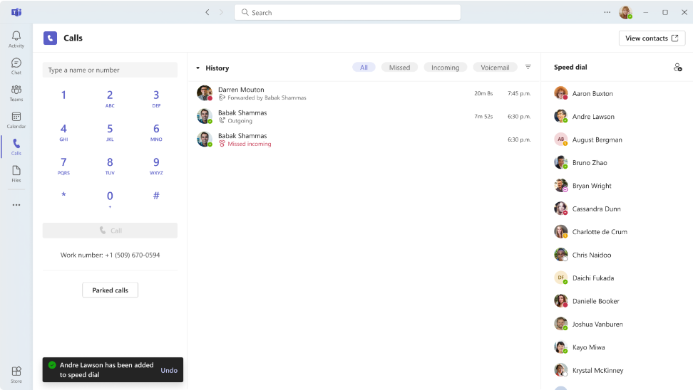 Captura de pantalla del flujo de trabajo agregar a marcación rápida en la aplicación Contactos de Teams