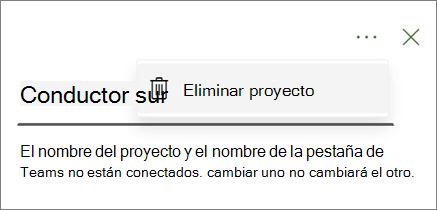 Captura de pantalla que muestra el comando Eliminar proyecto en la lista desplegable de puntos suspensivos de la pestaña De Project Teams.