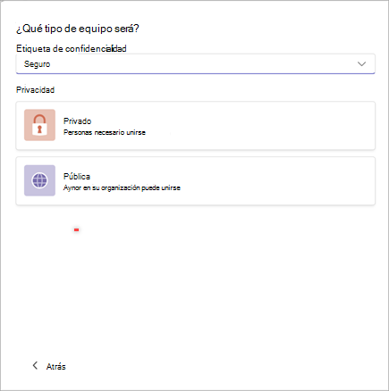 Captura de pantalla de una ventana para crear un nuevo equipo en Microsoft Teams con opciones para establecer la confidencialidad como "Segura" y la privacidad como "Privada" o "Pública".