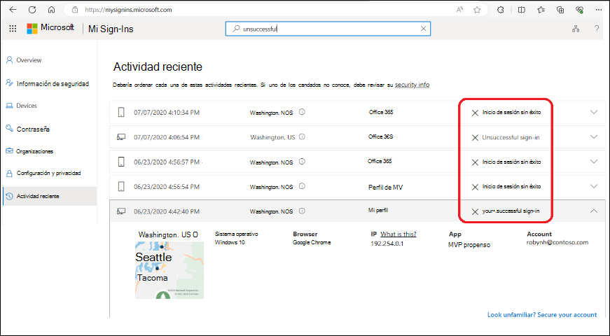 Captura de pantalla en la que se escribe "incorrecto" en la barra de búsqueda.