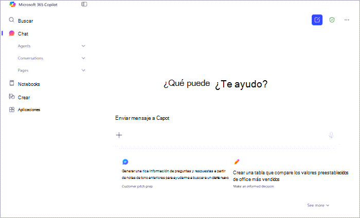 Imagen conceptual de la página Chat en la aplicación Microsoft 365 Copilot