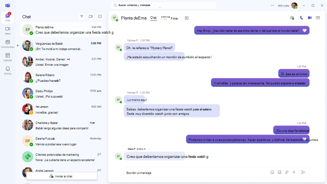 Aplicación de Teams (gratuita) con la página de chat de iconos de pestaña