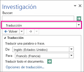 La opción Traducción en el panel Referencia