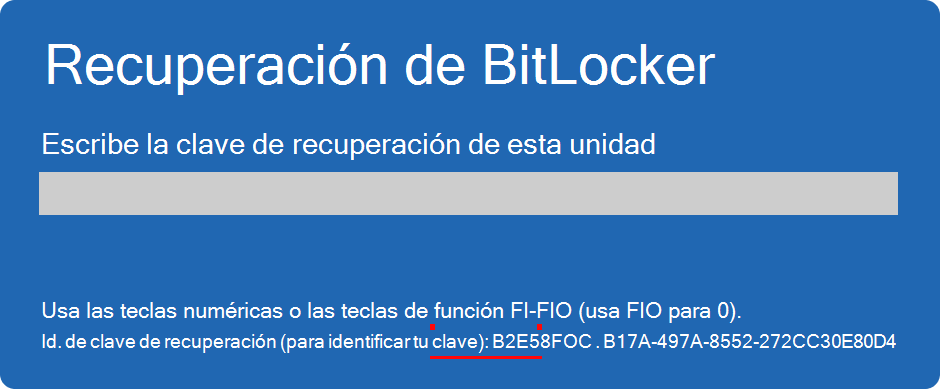 Captura de pantalla de la pantalla de recuperación de BitLocker que resalta el id. de clave.