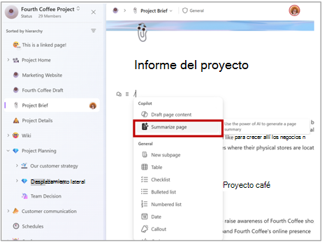 Recorte de pantalla que muestra el menú de barra diagonal en Loop, con la opción Resumen de página resaltada.