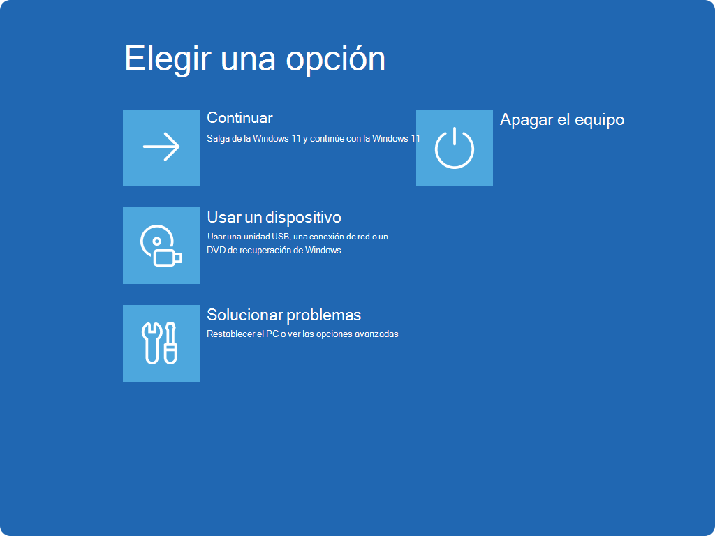 Captura de pantalla de la pantalla Elegir una opción en Windows RE.
