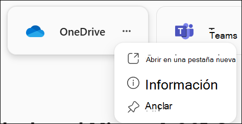 Icono de aplicación en el módulo Aplicaciones de la aplicación Microsoft 365 Copilot. Se ha seleccionado el botón Más opciones y aparece un menú contextual. La tercera opción hacia abajo es "Anclar".