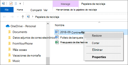 Menú contextual para recuperar un archivo eliminado de la Papelera de reciclaje