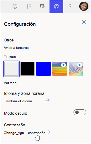 Captura de pantalla de Configuración y Cambiar contraseña en Microsoft 365