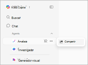 Muestra Microsoft 365 Copilot, con el agente "Analista" seleccionado en "Agentes" y una opción "Compartir" visible.