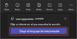 Captura de pantalla de selección del botón Elegir idioma de interpretación en Microsoft Teams