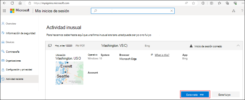 Captura de pantalla de la página Actividad inusual.