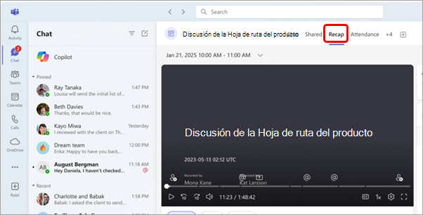 Captura de pantalla que resalta la pestaña Resumen en un chat de reunión.