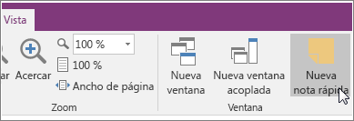 Captura de pantalla del botón Nueva nota rápida en OneNote 2016.