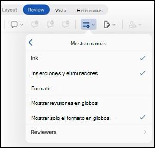 Word para iPad mostrar las opciones de marcado
